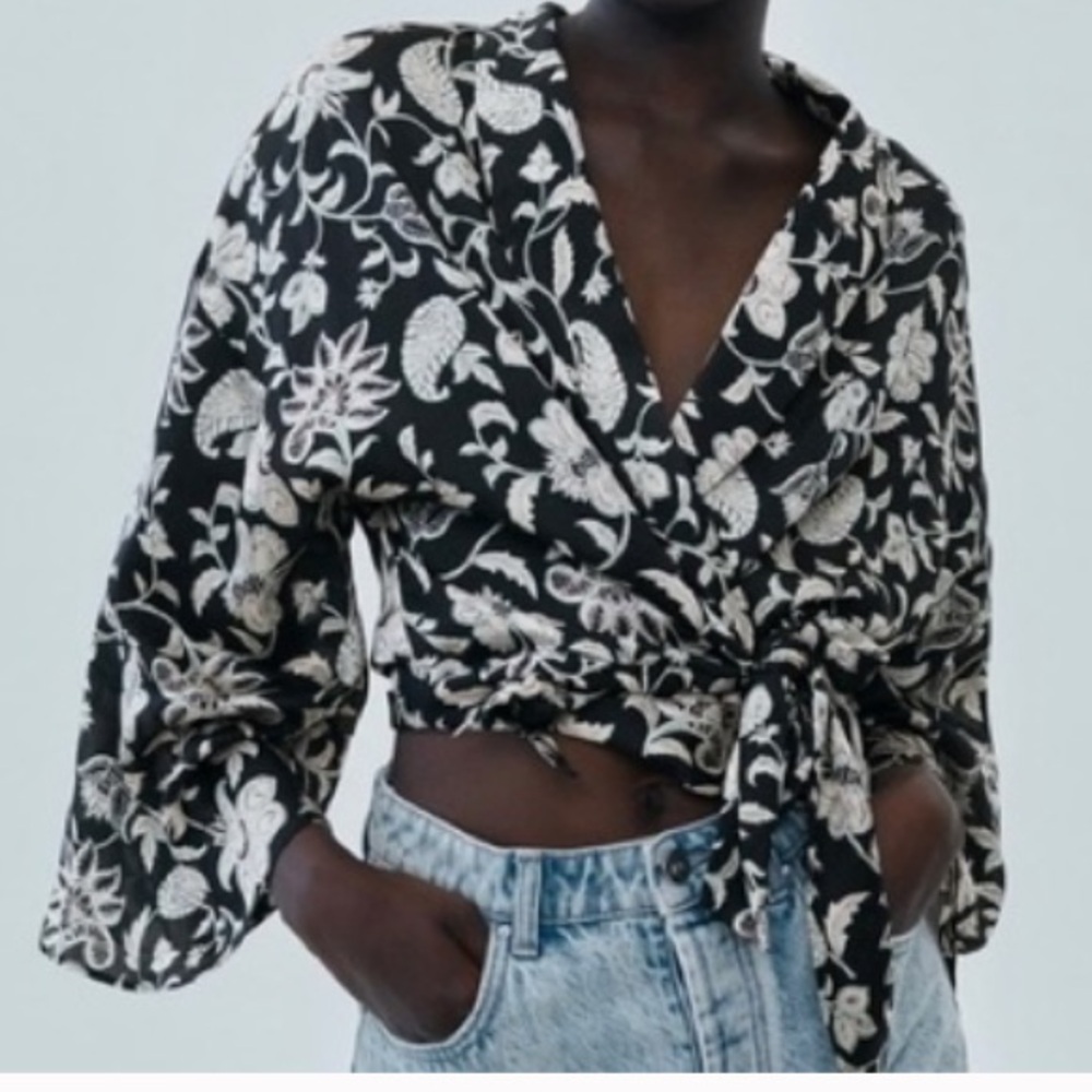 ZARA Floral Wrap Tie Blouse | S